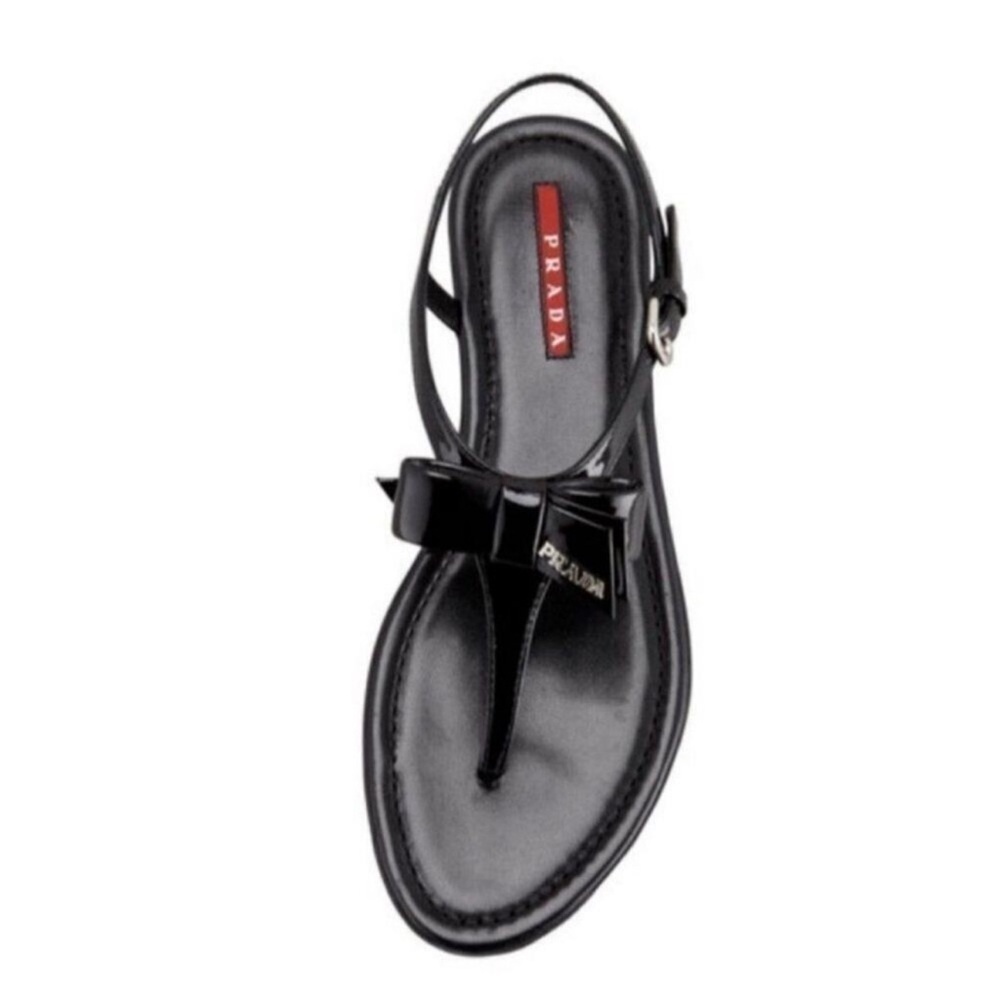 Prada Black Patent leather bowtie logo embellished T strap sandals EU 37